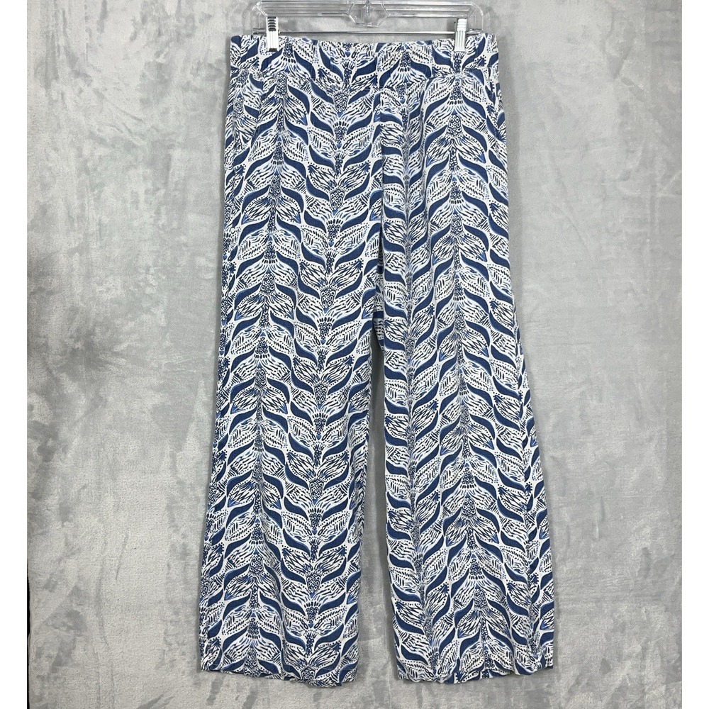 Lilly Pulitzer Pull On Wide Leg Pants M Blue White Artsy 100% Linen Beach Resort